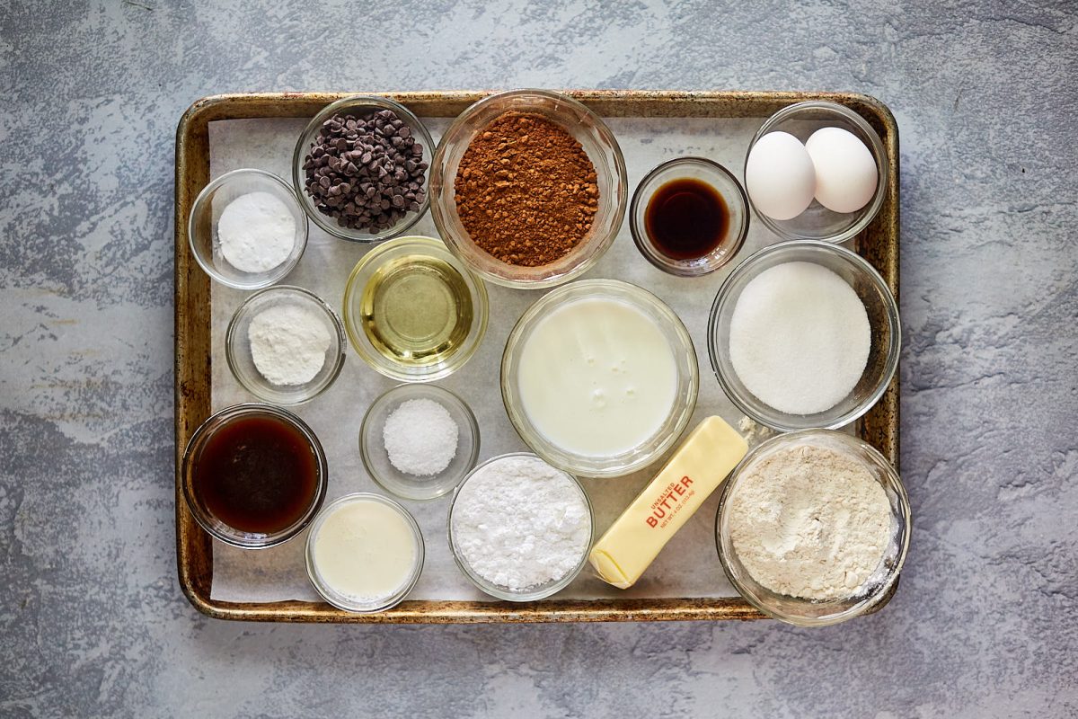 Top down view of all of the ingredients used to make a chocolate cake and mousse filling. Hostess At Heart