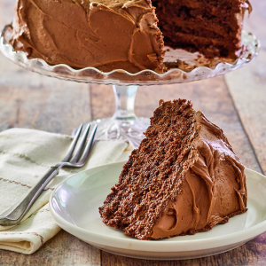 A slice of chocolate frosted cake laying on it's side showing layers of a mousse filling - hostess at heart