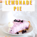 A slice of a creamy chilled blueberry lemonade icebox pie with wild blueberries sprinkled on the plate.