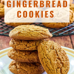 Stack of gingerbread cookies on a plate with the recipe title printed over the top of it for Pinterest.