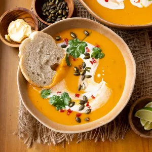 Top down view of a bowl of pumpkin thai soup with a slice of bread sit to the side.