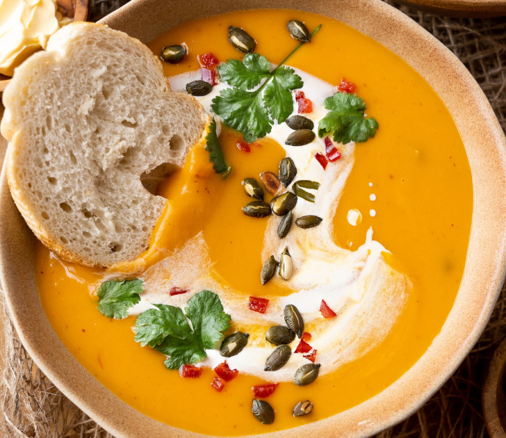 Top down view of pumpkin soup topped with cilantro, pepitas, diced red pepper and a whirl of cream. A slice of bread sits to the side.