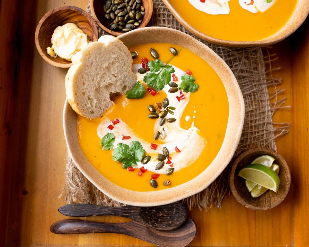 Top down view of a bowl of thai pumpkin soup reciope with coconut milk topped with pepitas and cilantro.