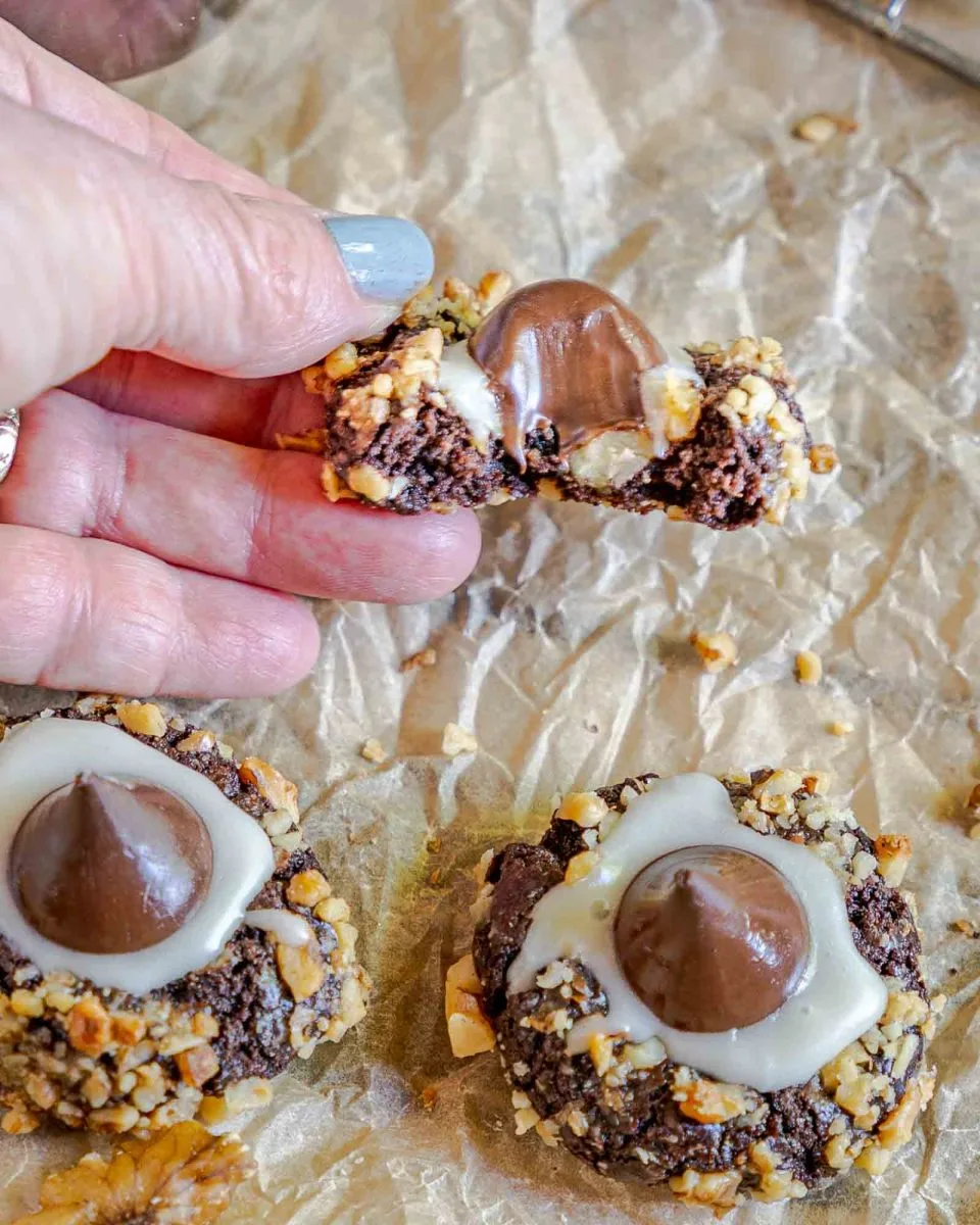 Top down view of a chocolate kiss cookies rolled in nuts with a bite taken out of one of the cookies.