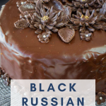 An angled view of a round cake covered in a shiny chocolate ganache and decorated with cutout chocolate flowers. Hostess At Heart.