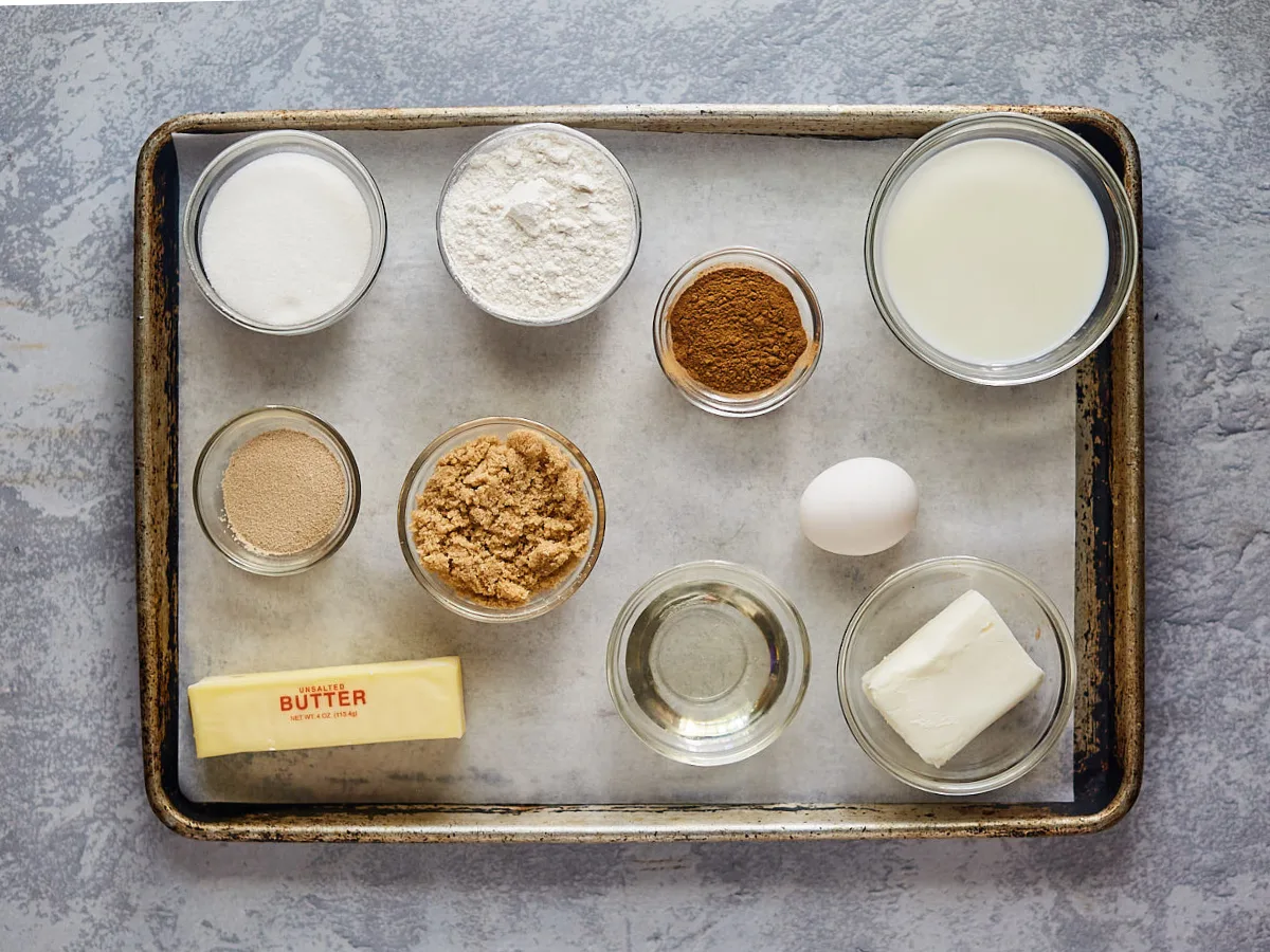 The ingredients used to make soft caramel rolls recipe include flour, shortening, egg, brown sugar, cinnamon, yeast, and sugar.