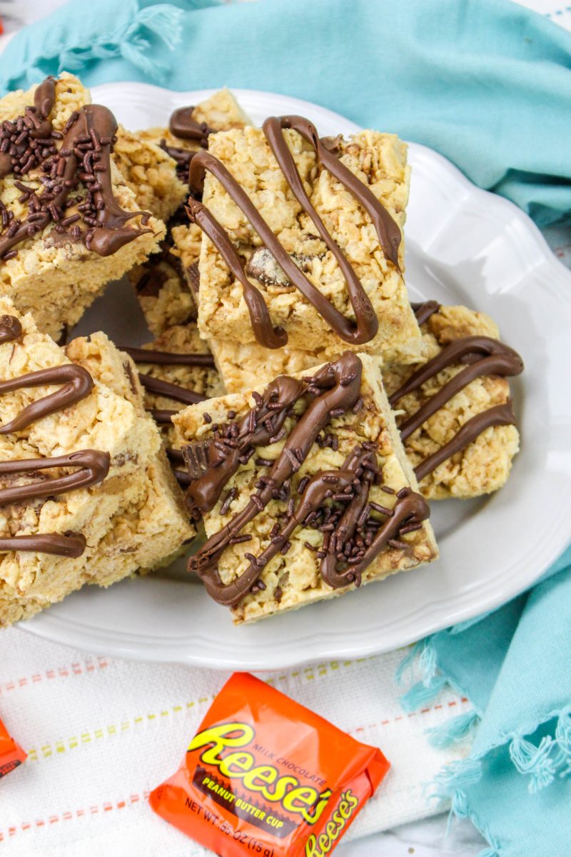 Top down view of peanut butter rice crispy treats on a plate.