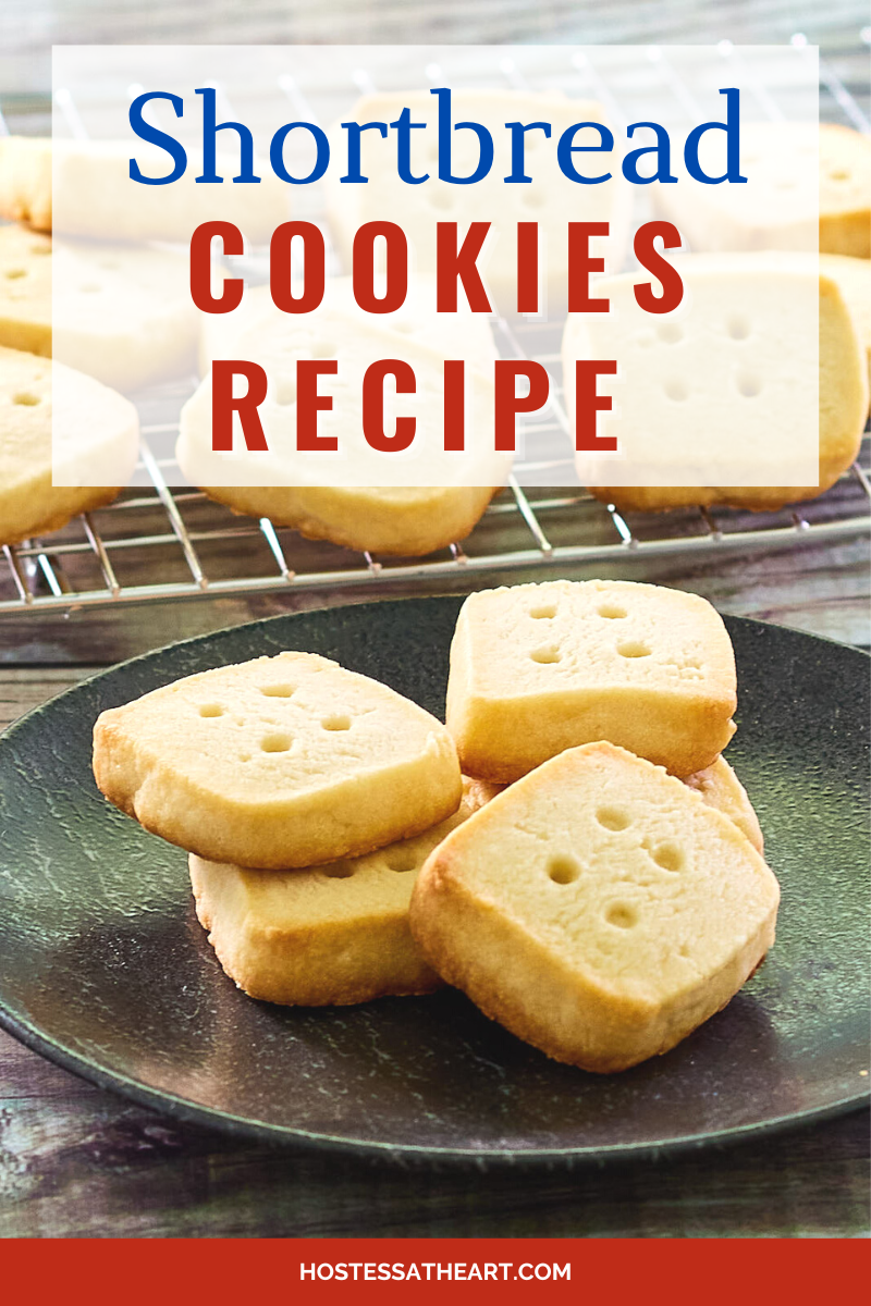 A stack of shortbread cookies that look like dice sitting on a plate. The title is on the photo for Pinterest - Hostess At Heart