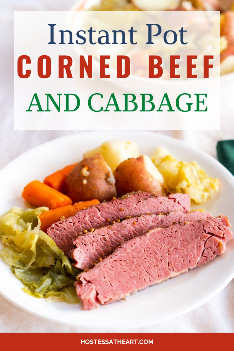 Angled view of a serving of instant pot corned beef and cabbage sitting on a dinner plate. - Hostess At Heart