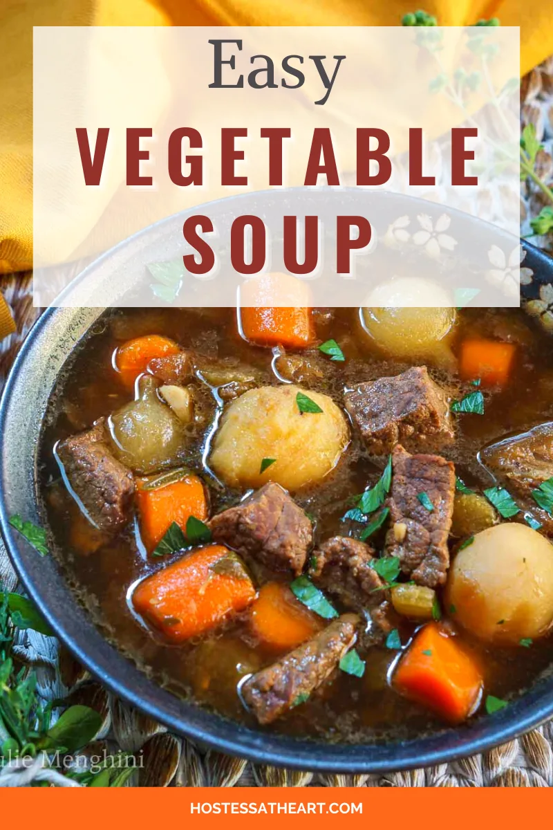 Angled view of a bowl of beef and vegetable soup. - Hostess At Heart