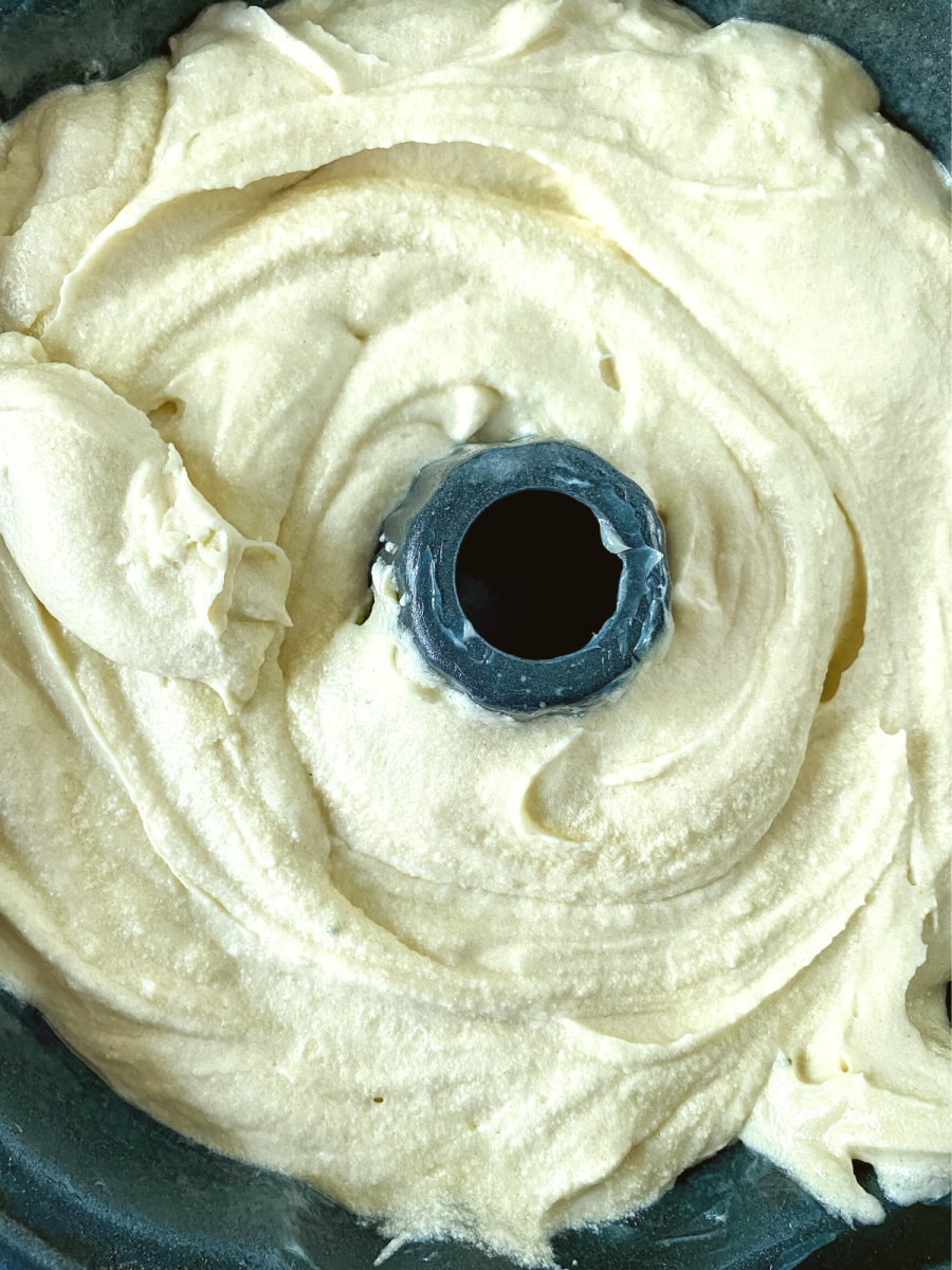 Top down view of cake batter in a bundt pan - Hostess At Heart