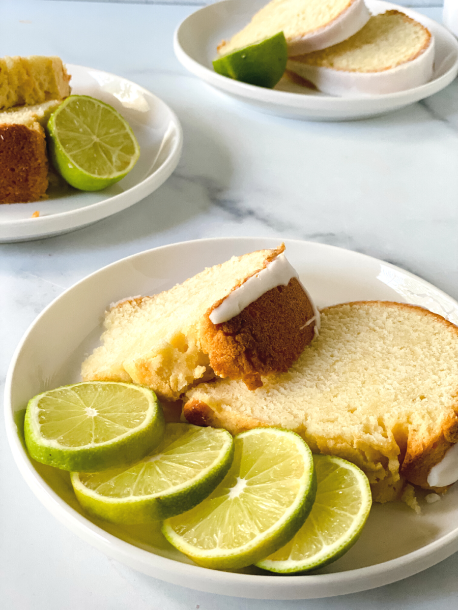3 plates holding slices of Keylime Pie Pound Cake - Hostess At Heart