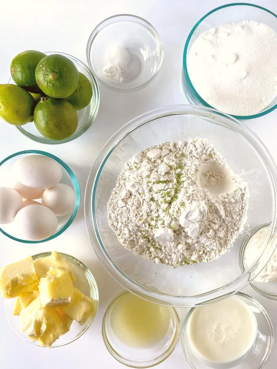 Top-down view of the ingredients used to make a key lime pound cake.