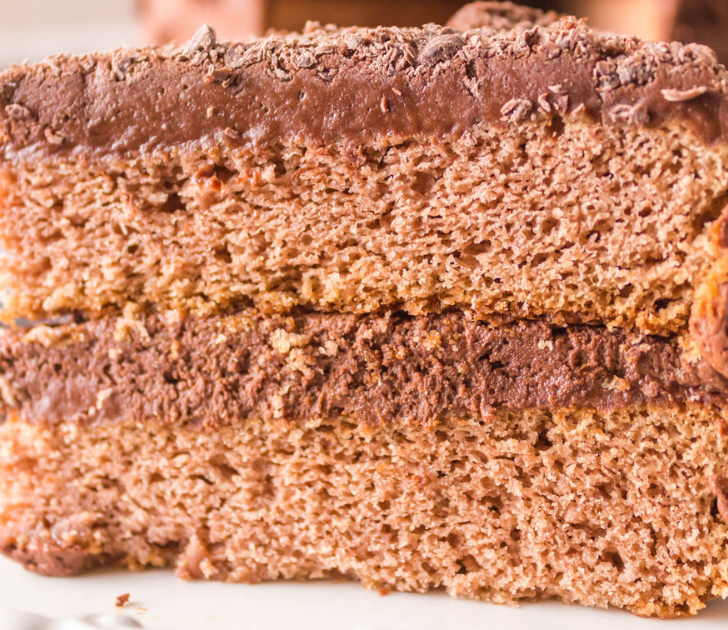 Side view of a slice of mahagany chocolate cake - hostess at heart