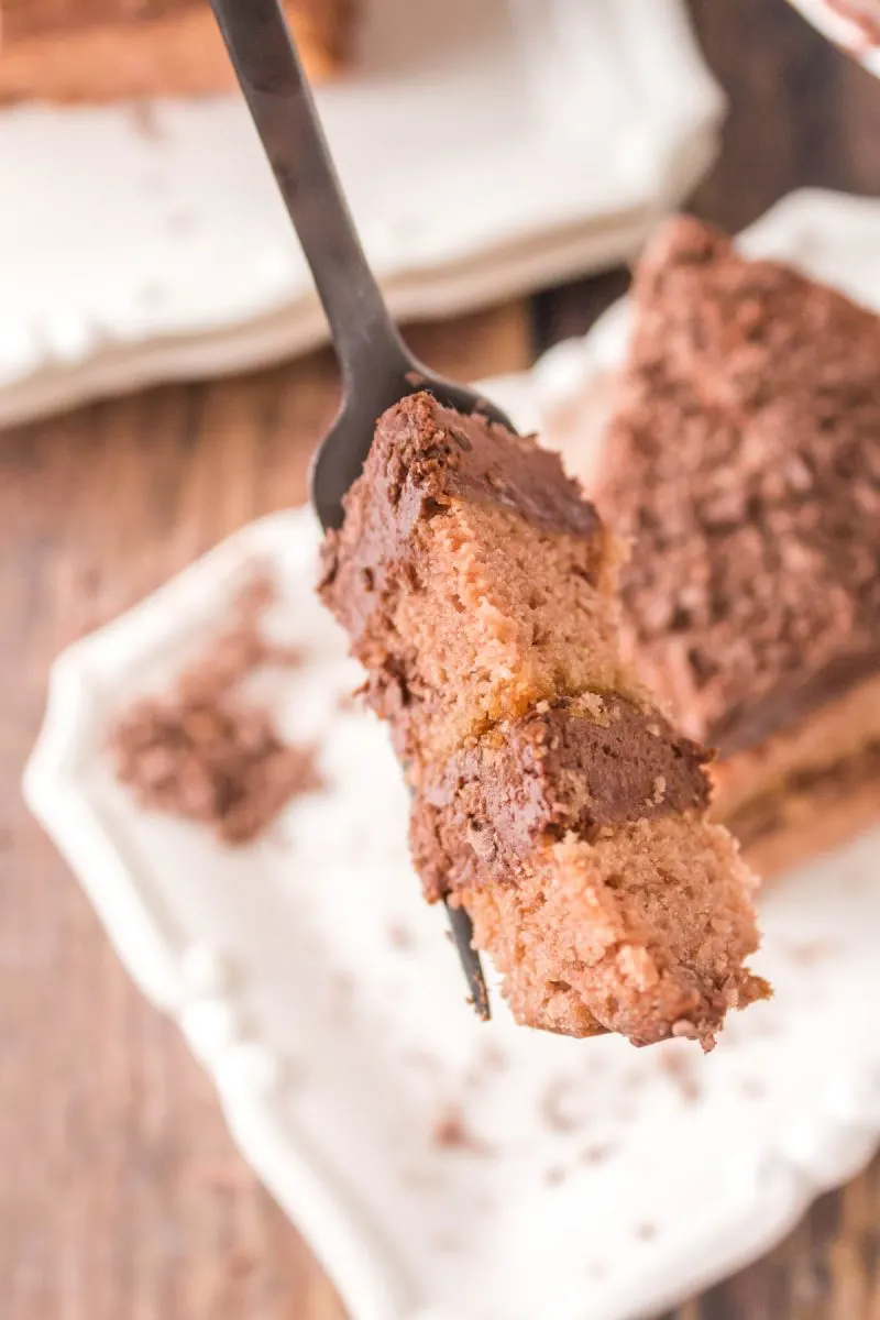 A bite of a layered chocolate cake on a fork. Hostess At Heart