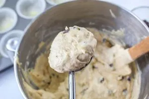 A scoop filled with Chocolate Banana Peanut Butter Batter - Hostess At Heart