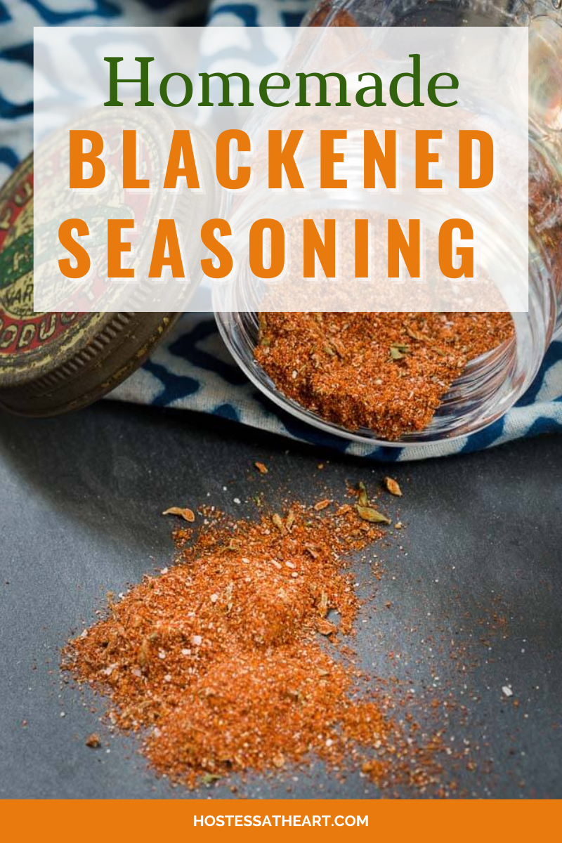 Titled image for blackened seasoning reciope for Pinterest of a glass jar tipped on it's side allowing the spices to spill out. Hostess At Heart