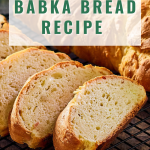 An image of slices of cheese babka bread on a cooling rack with the title running through the top for Pinterest - Hostess At Heart