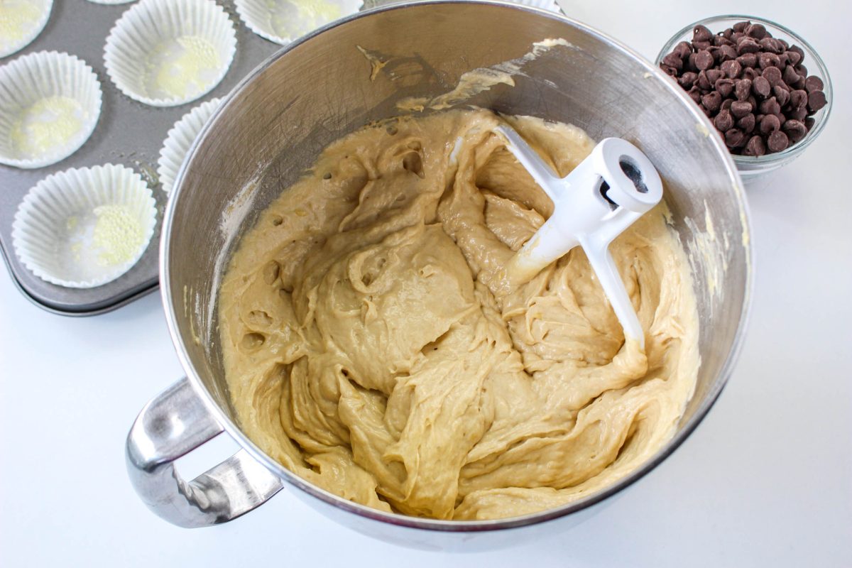 A mixing bowl filled with muffin batter.