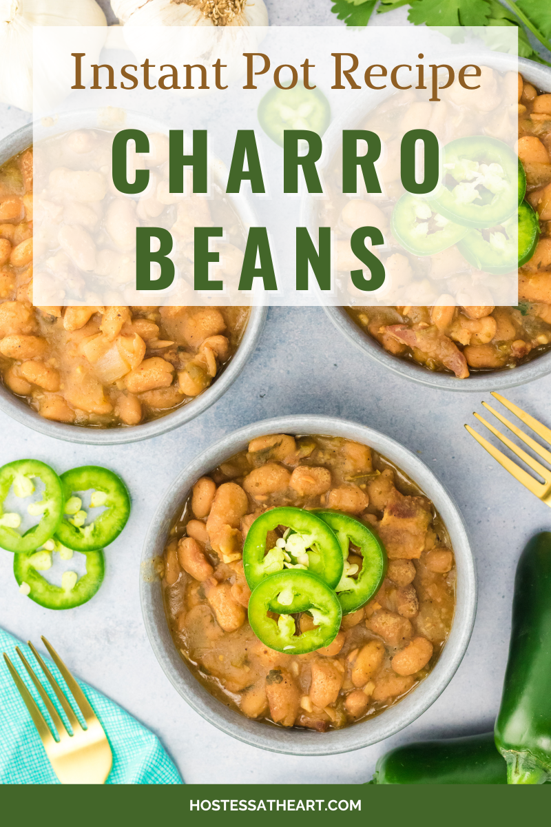 Top-down view of a bowl of cooked charros beans topped with sliced jalapenos - Hostess At Heart