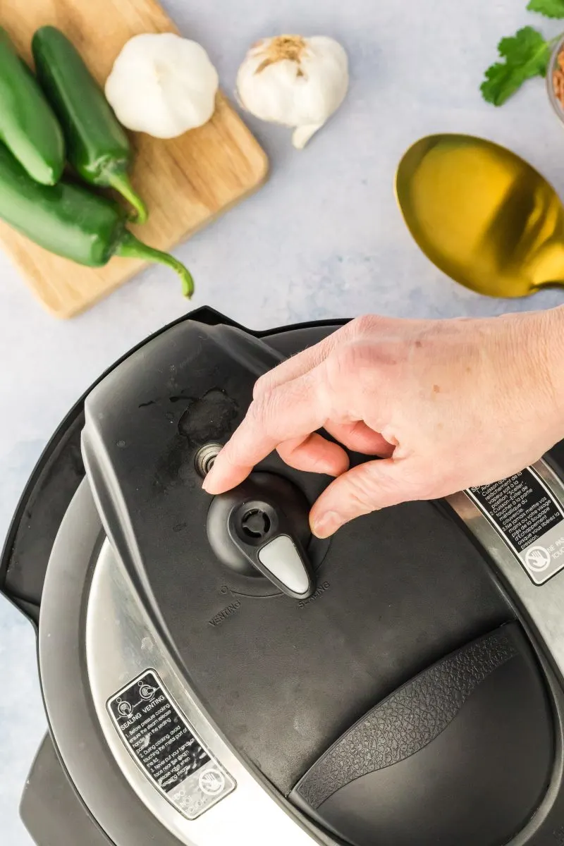 Top down view of a finger pointed to the seal valve on an instant pot. Hostess At Heart