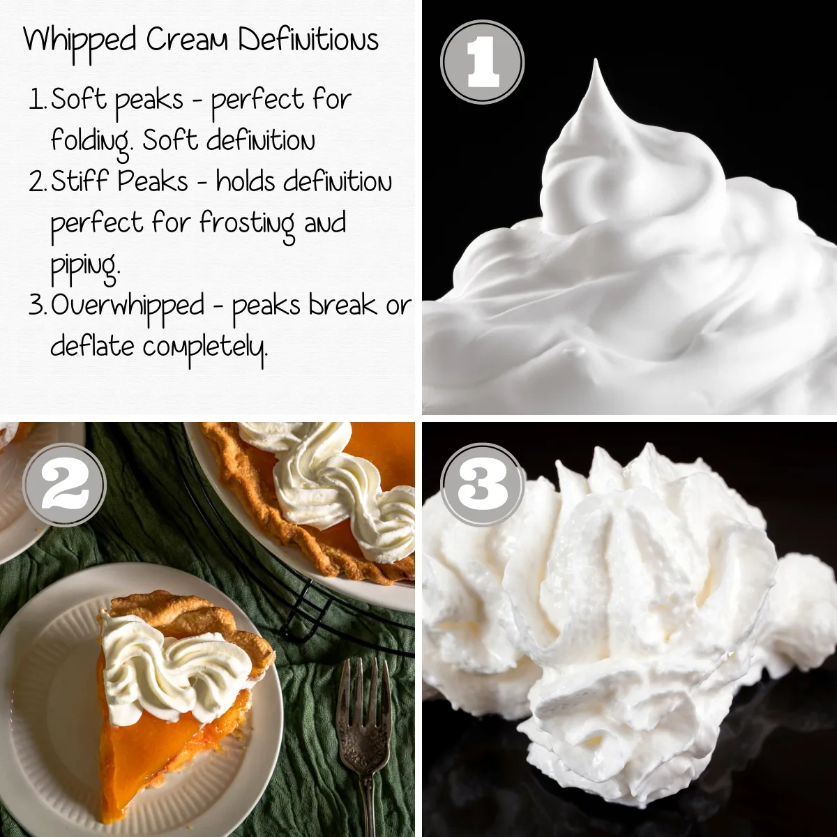 Photo collage showing the difference in stages of whipping cream. Soft peaks, stiff peaks, and over whipping deflated broken peaks - Hostess At Heart