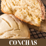 A concha roll split in half showing a soft crumb. The title is below the image for Pinterest - Hostess At Heart