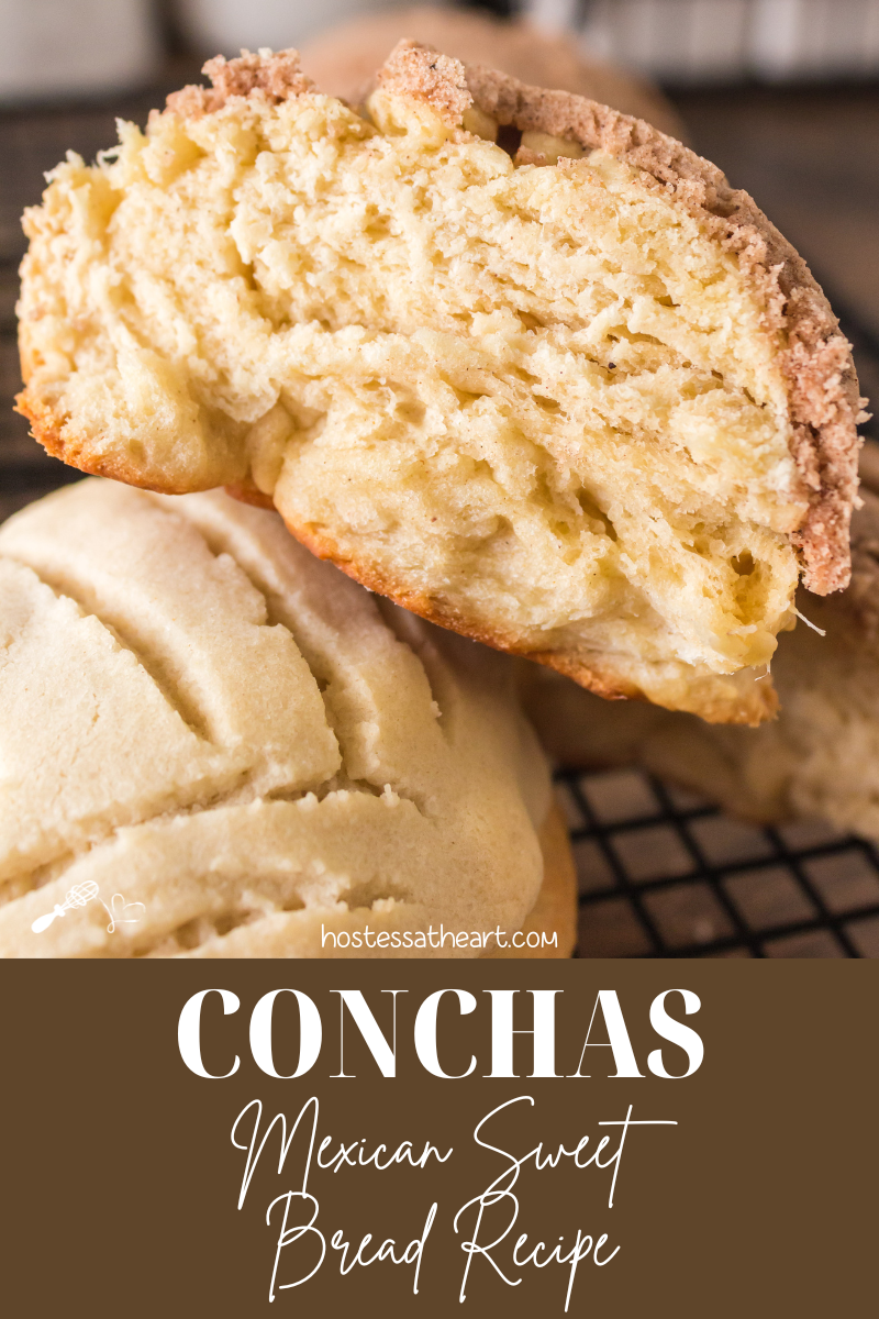 A concha roll split in half showing a soft crumb. The title is below the image for Pinterest - Hostess At Heart