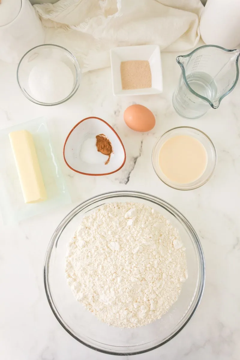 Top down view of the ingredients used to make Mexican Conchas including flour, butter, sugar, yeast, cinnamon, water, and evaporated milk - Hostess At Heart