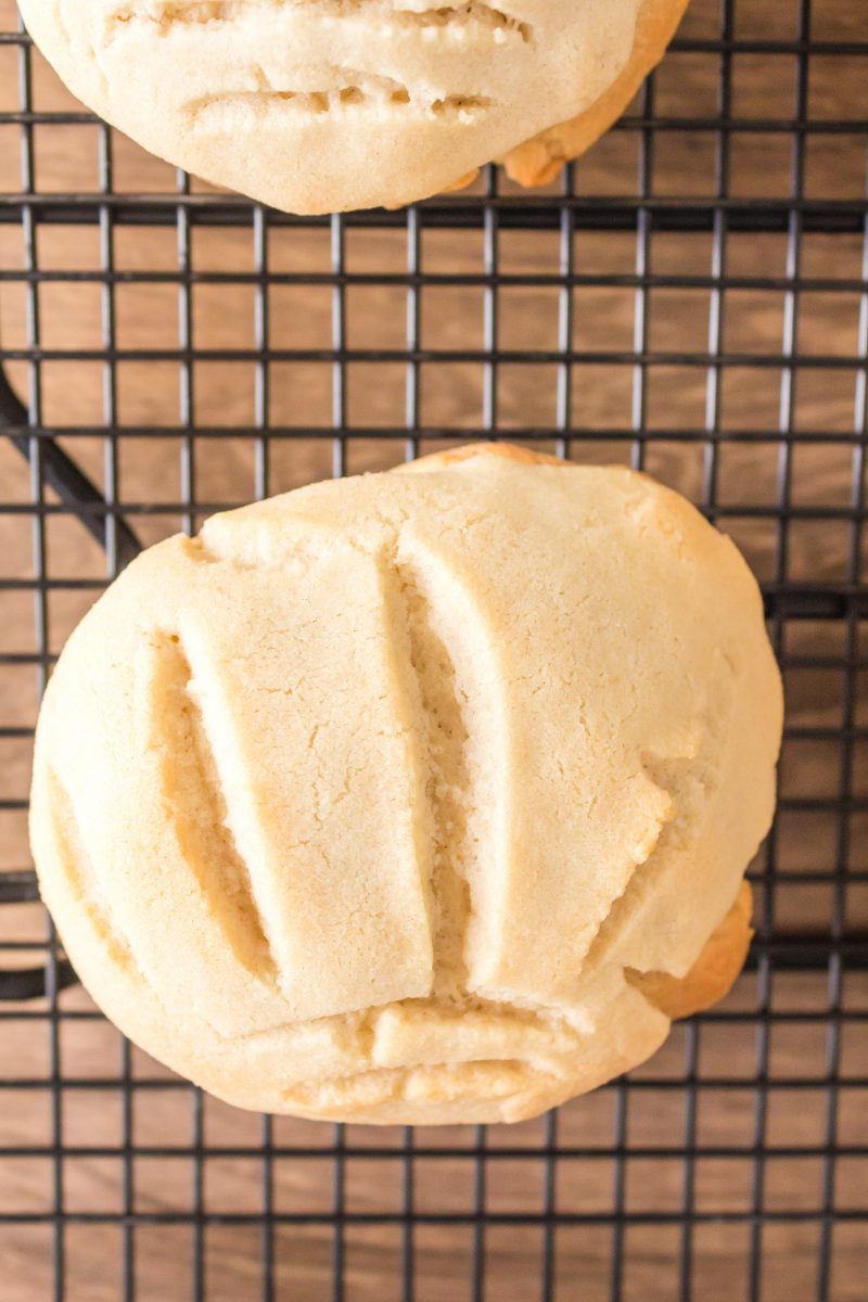 Top down view of a white conchas Mexican bread roll sitting on a cooling rack.