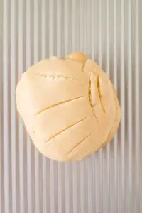 Top-down view of Mexican Concha dough shaped like a shell.