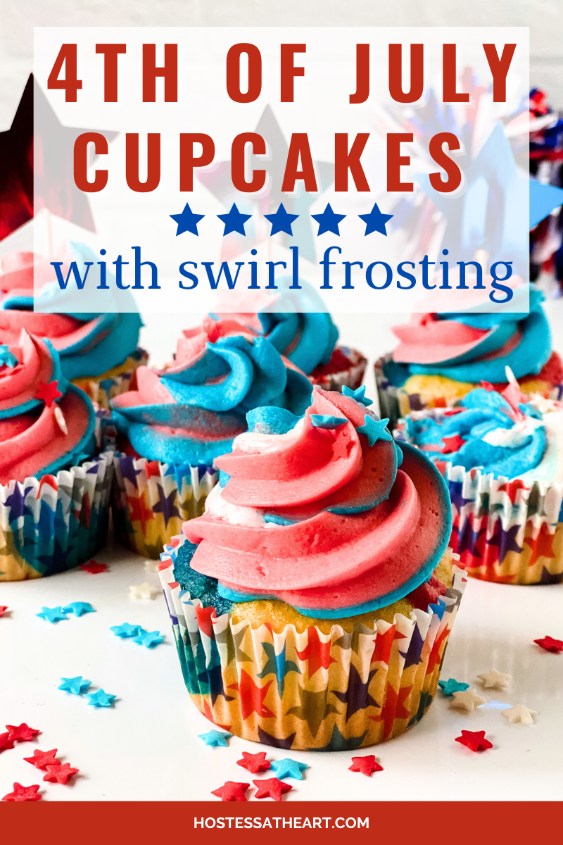 Pinterest image of a red, white, and blue frosted cupcake for Independence Day - Hostess At Heart