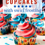 Pinterest image of a red, white, and blue frosted cupcake for Independence Day - Hostess At Heart