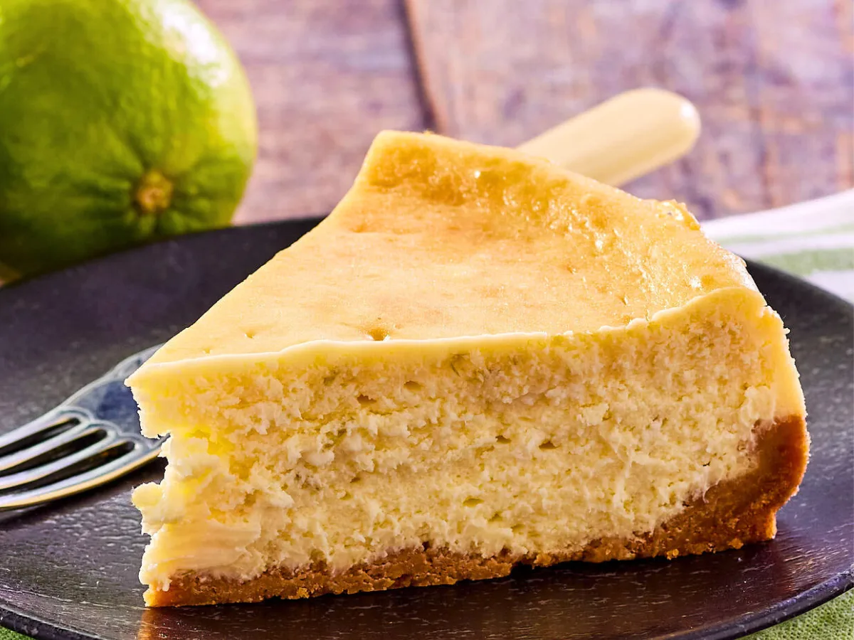 Close sideview of a slice of lime cheesecake with a graham cracker crust - Hostess At Heart