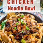 Side angle view of a dark gray bowl filled with noodles, carrots, and water chestnuts, sauced in Thai Basil flavors topped with grilled chicken- garnished with sliced green onions.