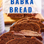 Image of chocolate babka bread sliced on a cooling rack for Pinterest - Hostess At Heart