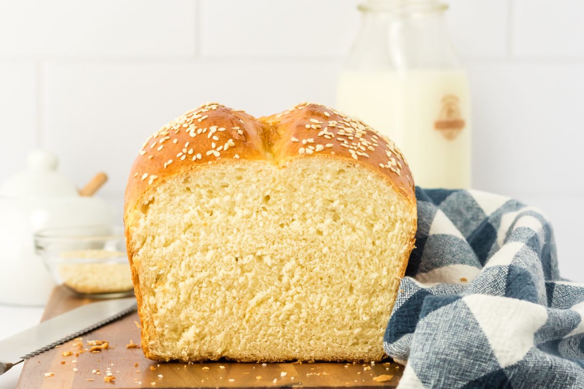 Cut-away view of a sliced loaf, close up showing the gorgeous texture of this sesame bread recipe.