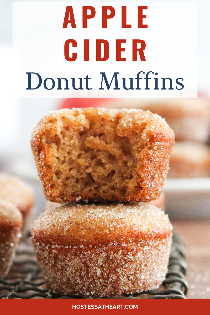 An image for Pinterest of a stack of two baked mini donut muffins with the bite taken out of the top muffin - Hostess At Heart