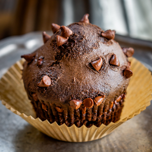 Dark Chocolate Muffin dotted with chocolate chips sitting in a cupcake liner.