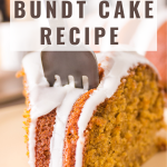 An image for Pinterest of a slice of glazed pumpkin cake with a fork piercing the first bite - Hostess At Heart