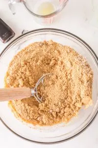 Graham cracker crumbs and melted butter combined in a bowl - Hostess At Heart