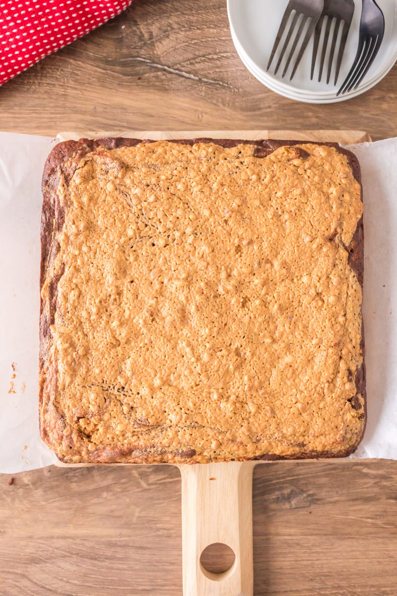Cutting board topped Peanut Butter Brownies - Hostess At Heart