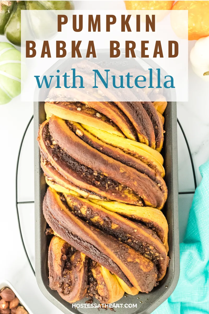 Top down view of a loaf of pumkin bread with swirls of chocolate - Hostess At Heart