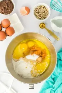 Top down view of the ingredients used to make pumpkin yeast bread including butter, flour, sugar, pumpkin, and eggs.