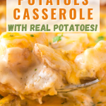 Close-up image of a spoon lifting cheesy potatoes from a casserole dish. Hostess At Heart