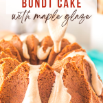 Side view of a gorgeous gingerbread bundt pan with maple glaze drizzled over the top. Hostess At Heart