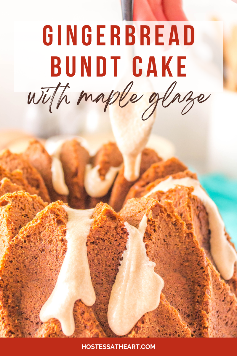 Side view of a gorgeous gingerbread bundt pan with maple glaze drizzled over the top. Hostess At Heart
