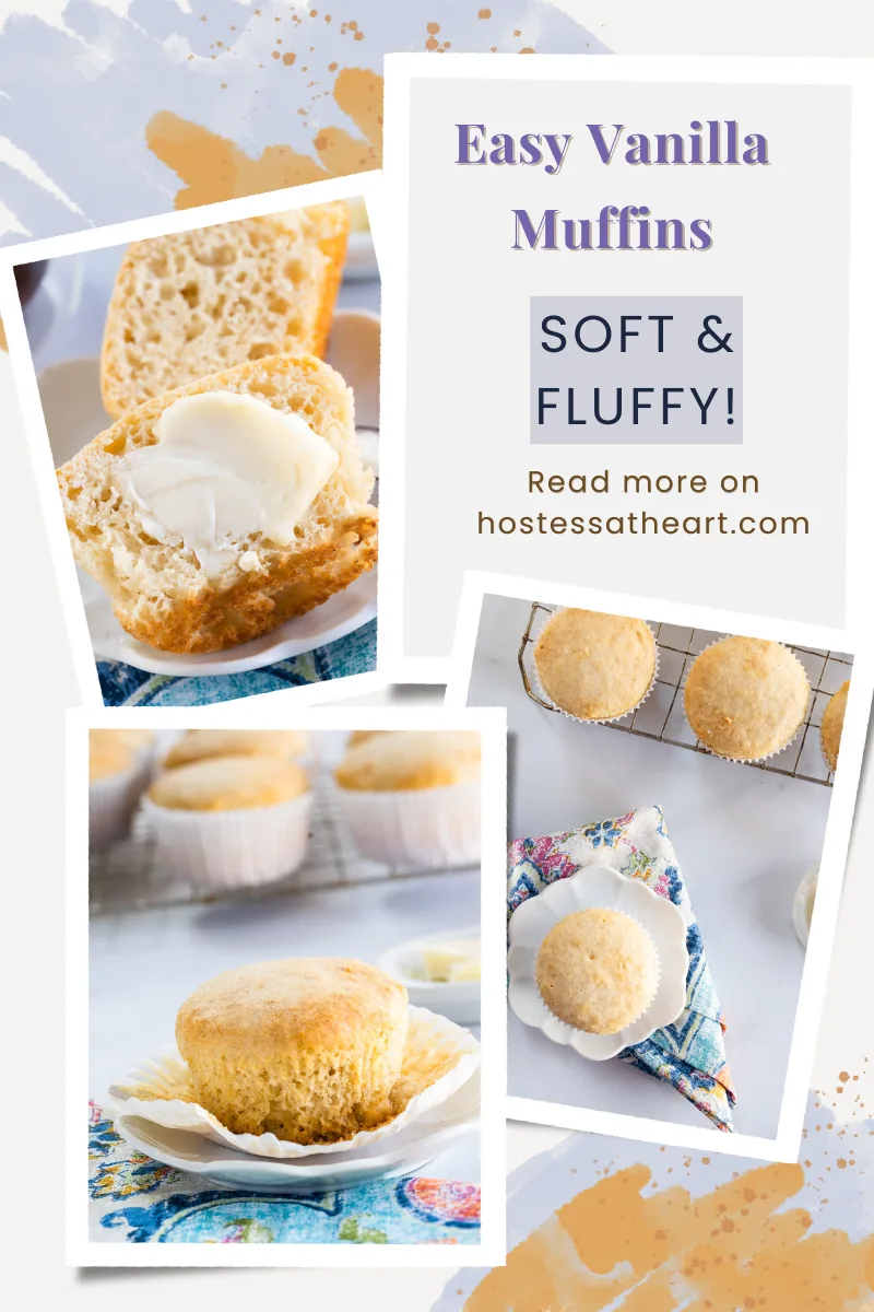 A collage of baked vanilla muffins for Pinterest. Hostess At Heart