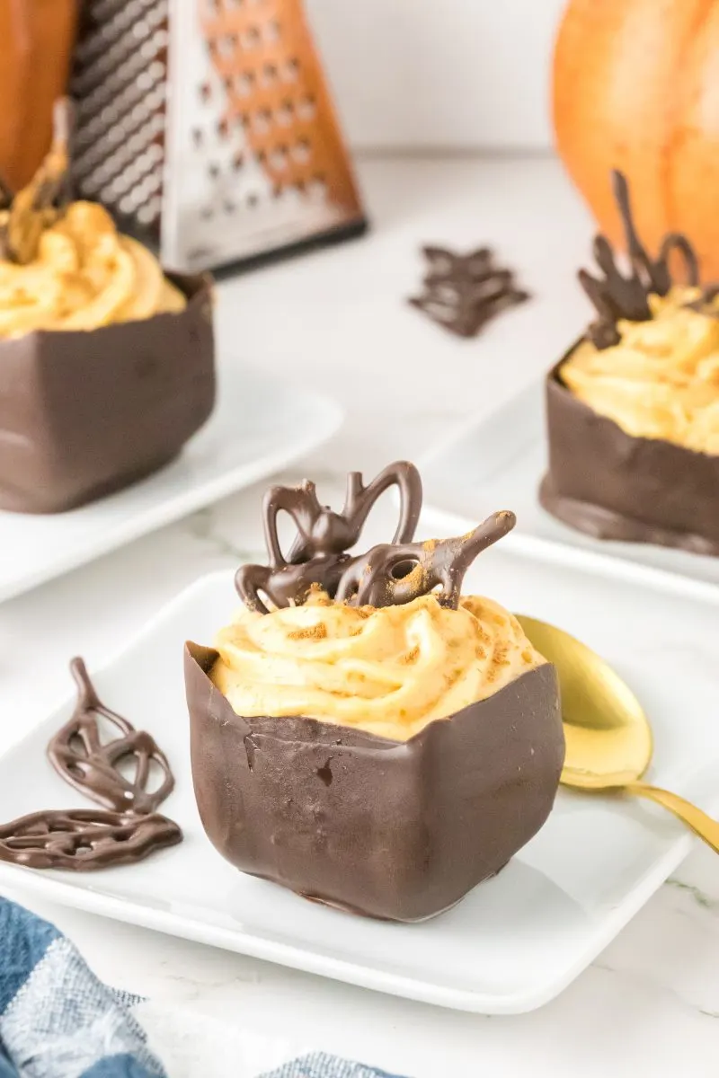 Side view of a homemade chocolate cup made with ice cubes filled with a no bake pumpkin mousse - Hostess At Heart