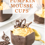 Sideview of a homemade chocolate cup filled with a creamy pumpkin mousse - hostess At Heart